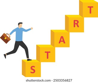 Woman and man connect puzzle elements with the word start. Starting a business team or uccess of the team together. Plan for business direction. Start new career.

