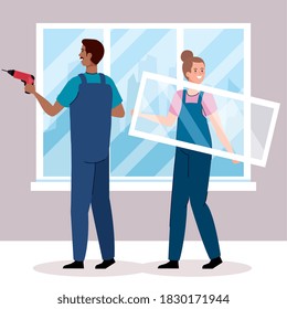 woman and man with construction drill at window design of remodeling working and repairing theme Vector illustration