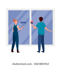woman and man with construction tools at window design of working maintenance workshop and repairing theme Vector illustration