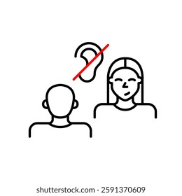 Woman and man in conversation or interview and crossed out ear. No eavesdropping, confidential information shared. Hearing-impaired or deaf people assisted workplace or romantic date. Pixel perfect, e