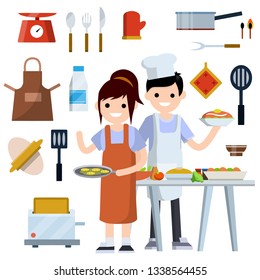 Woman and man cooks in kitchen. Set of objects for cooking. Knife, spoon, fork, scales, pan, glove, dough, apron, toaster, bottle of milk. Cook in cafe and restaurant. Cartoon flat illustration.