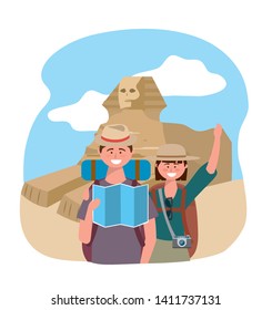 woman and man couple with backpack and global map