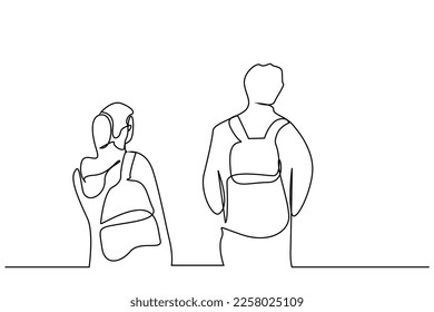 woman man couple backpack nature hiking adventure vacation back behind view