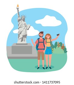 woman and man couple with backpack talking a picture