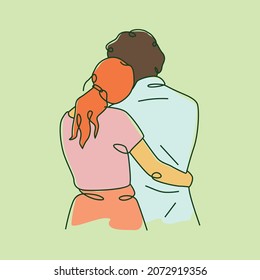 Woman and man couple doing romantic hugging. Line art style vector illustration suitable for calm wellness or mental health content