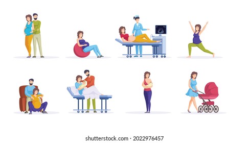 Woman man couple enjoying pregnancy, preparation for childbirth, maternity. Hugging, ultrasound examination during baby, lactation, walking with newborn at stroller, hugging child after birth cartoon
