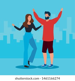 woman and man couple with hairstyle and casual clothes