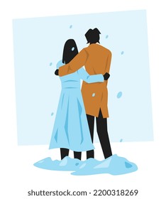 woman and man couple hugging in winter. snowfall. warm clothes. isolated on a blue background. the concept of boyfriend, girlfriend, love, marriage, valentine, etc. flat vector illustration