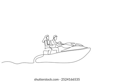 woman man couple jet ski water sport fun vacation lifestyle one line art design vector