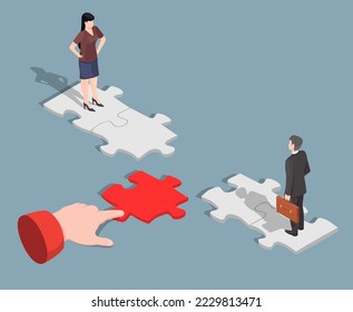 Woman, man couple and jigsaw puzzle pieces vector. Business people problem in partnership and human hand connect bridge between partner illustration. Relationship psychology concept