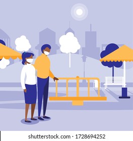 Woman and man couple with masks at park design of Covid 19 virus theme Vector illustration