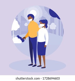 Woman and man couple with masks at park in front of city buldings design of Covid 19 virus theme Vector illustration