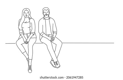 Woman   man  couple sitting together  Hand drawn vector illustration  Black   white 