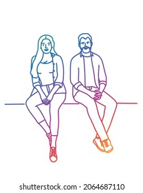 Woman   man  couple sitting together  Rainbow color  Sketch vector illustration 