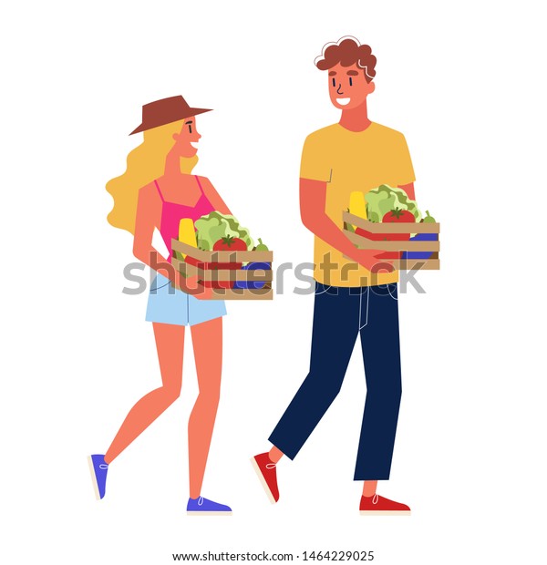 Woman Man Couple Walking Box Full Stock Vector (Royalty Free) 1464229025