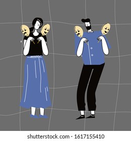Woman and man covering their faces with masks expressing various emotions. Concept of changing natural personality to conform to social requirements and pressure. Colorful vector illustration.