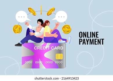 Woman and man with credit card. shopping payment money transaction. Online Shopping or E-commerce. Financial Transaction. Cartoon Vector Illustration.
