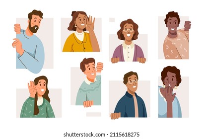 Woman and man with curiosity and astonishment on face gesturing and looking with interest. Vector neighbors or colleagues from work, young males and females. Funny flat cartoon style characters