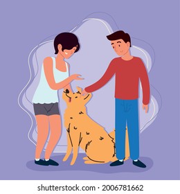 woman and man with a cute dog cartoon