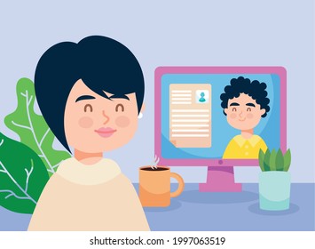 woman and man cv curriculum in computer of virtual job