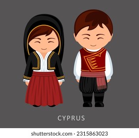 Woman and man in Cyprus national costume. Cypriots couple, cartoon characters in traditional ethnic clothes. Flat vector illustration.