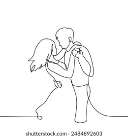 woman and man dance clinging to each other very close - one line art vector. concept heterosexual couple dancing. Handmade vector not AI