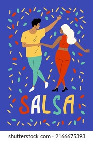 A woman and a man dance salsa at a festival. A couple dancing Latin dances. Lovers smile and move. Rumba, samba, bachata and merengue on a blue background