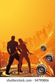 Woman and man dancing in front of an abstract nightlife club scene.