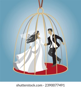 Woman and man dancing wedding dance in birdcage. Square composition. Vector illustration.