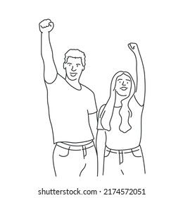 Woman and man, demonstration, manifestation, protest, strike or revolution. Hand drawn vector illustration. Black and white.