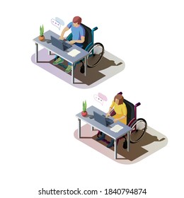 Woman And Man With Disability Are Sitting At Table And Working On The Computer. Invalids In Wheelchair Doing Work Or Communicate Online. Handicapped Characters At Workplace, Isometric 3d Illustration.