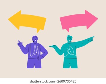 Woman and man discussing with arrows bubble  upon their heads. Colorful vector illustration

