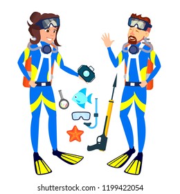 Woman And Man In Diving Masks Vector. Isolated Illustration
