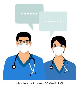 Woman and man doctor in a protective mask with a stethoscope.  Medic with a speech bubble. vector