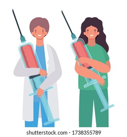 Woman and man doctor with uniform and injection design of Medical care health and emergency theme Vector illustration