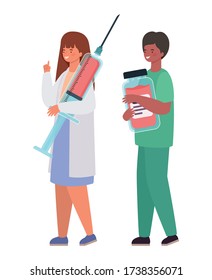 Woman and man doctor with uniform injection and medicine jar design of Medical care health and emergency theme Vector illustration