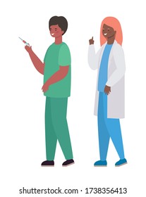 Woman and man doctor with uniform and injection design of Medical care health and emergency theme Vector illustration