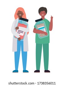 Woman and man doctor with uniforms and medicine jar design of Medical care health and emergency theme Vector illustration
