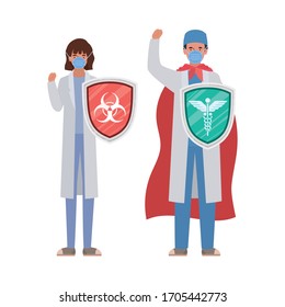 woman and man doctors heroes with cape and shields against 2019 ncov virus design of Covid 19 cov infection and medical theme Vector illustration