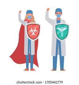 woman and man doctors heroes with cape and shields against 2019 ncov virus design of Covid 19 cov infection and medical theme Vector illustration
