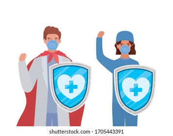 woman and man doctors heroes with cape and shields against 2019 ncov virus design of Covid 19 cov infection and medical theme Vector illustration