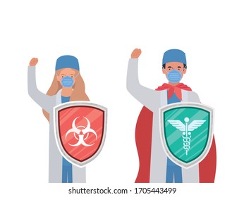 woman and man doctors heroes with cape and shields against 2019 ncov virus design of Covid 19 cov infection and medical theme Vector illustration