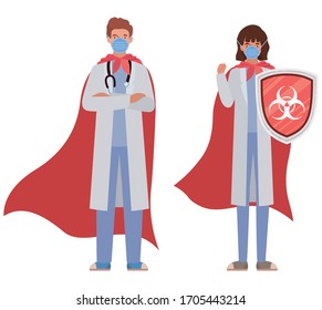 woman and man doctors heroes with capes and shield against 2019 ncov virus design of Covid 19 cov infection and medical theme Vector illustration