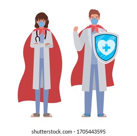woman and man doctors heroes with capes and shield against 2019 ncov virus design of Covid 19 cov infection and medical theme Vector illustration