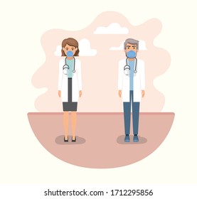 Woman and man doctors with masks and uniforms against 2019 ncov virus design of Covid 19 cov and medical theme Vector illustration
