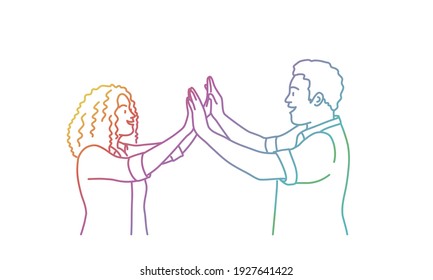 Woman and man doing high five. Best friends. Colored line. Vector illustration.