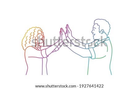 Woman and man doing high five. Best friends. Colored line. Vector illustration.