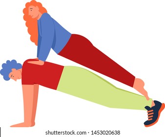 Woman and man doing Plank yoga pose, vector flat style design illustration isolated on white background. Yoga class, basic postures or asanas concept for web banner, website page etc.