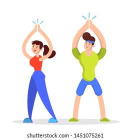 Woman and man doing sport exercise. Training in the gym, fitness activity. Muscle building concept. Vector illustration in cartoon style