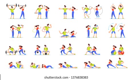 Woman and man doing various sport exercise set. Training in the gym, fitness activity. Muscle building concept. Vector illustration in cartoon style